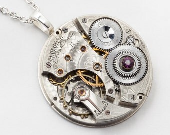 Steampunk Necklace Vintage Waltham engraved pocket watch movement with gears & purple amethyst Swarovski crystal Silver pendant Jewelry gift