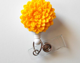 Yellow Chrysanthemum Flower - Name Badge Holder - Retractable ID Badge Reel - Nurse ID Badge Clip - Flower Badge Holder