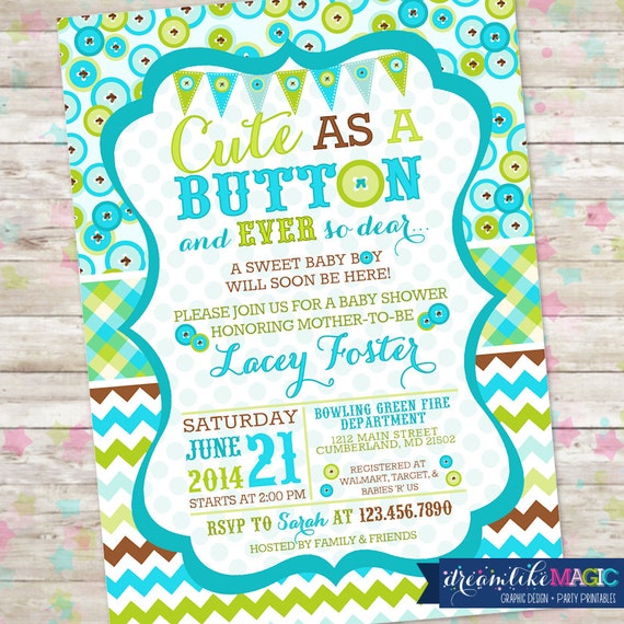 Cute as a Button, Baby Shower Invite, Baby Boy, Boy Baby Shower Invitation, blue and green, invite with chevron and plaid, Buttons Il_570xn