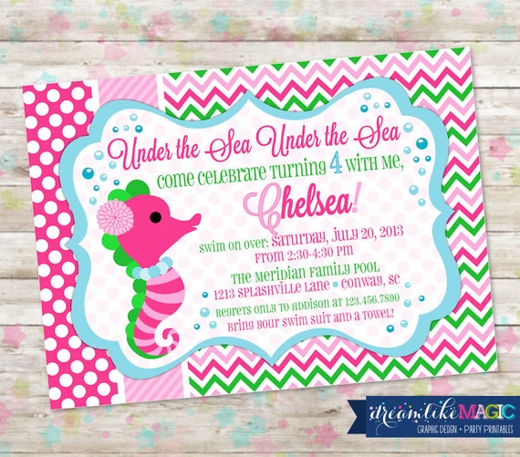 Under the Sea, Seahorse Invite, Birthday, Pool Party, Beach Party, Mermaid, Preppy, Printed or Digital, DIY Printable Invite, Il_570xn