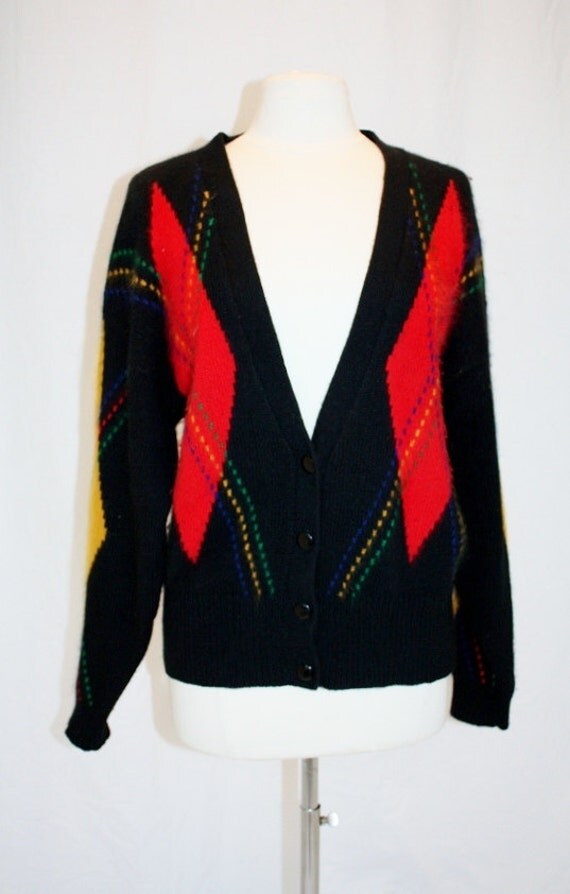1990s Black ARgyle Sweater REd Yellow Angora Large by Retromomo