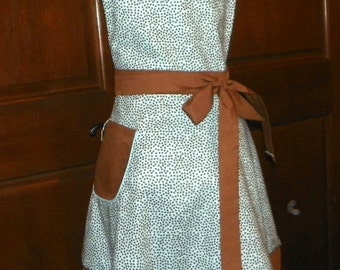 Retro Style Double Skirt Apron Brown Dots on Blue