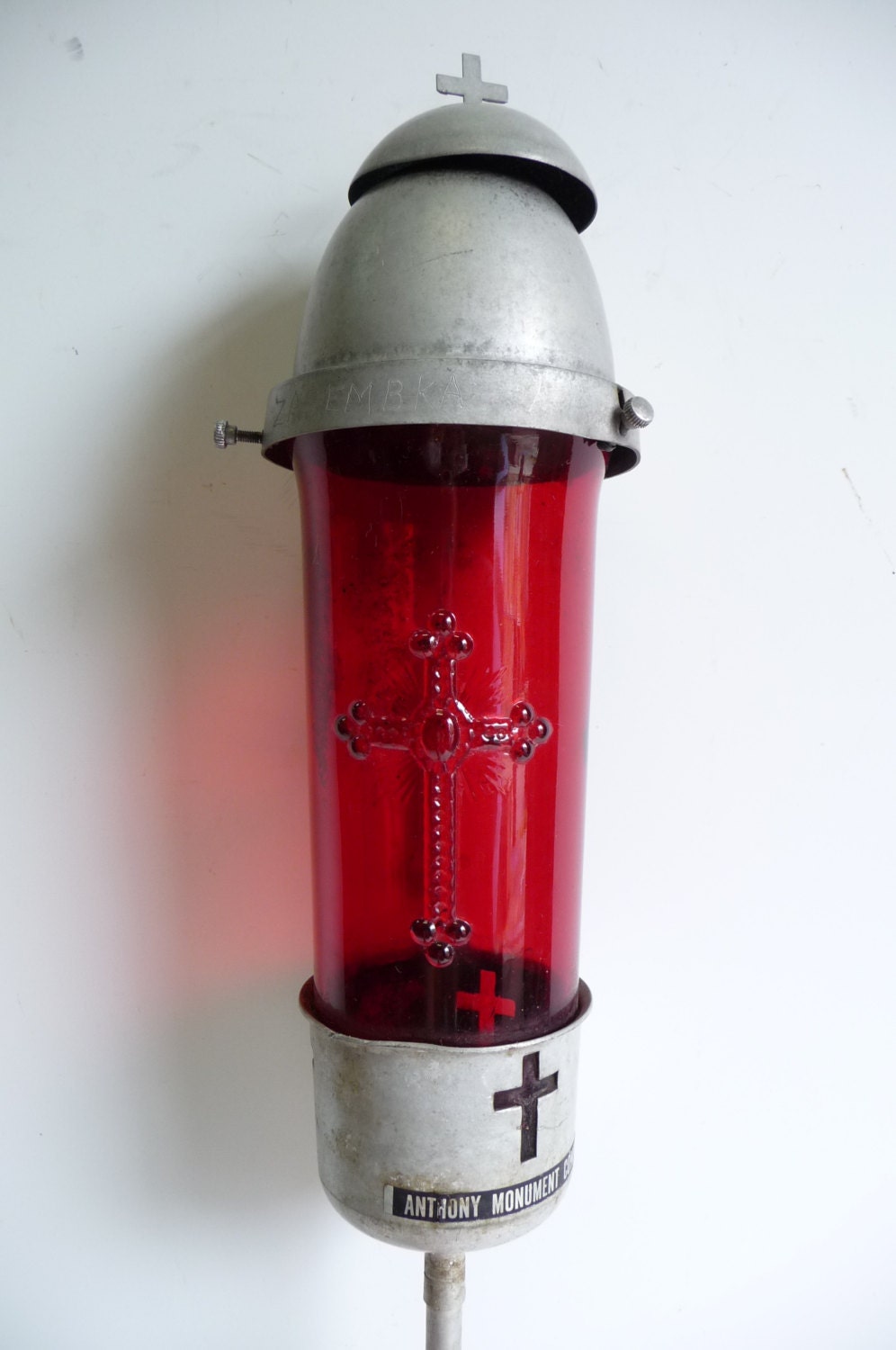 Vintage grave Marker Cemetery Religious Cathedral Cross Red