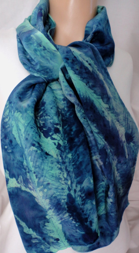 silk scarf Evergreen Pine large long crepe blue green unique painted