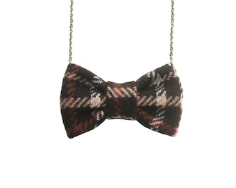 Brown Plaid - Tweed Bow Tie Necklace, Women Brown Beige stripes Wool Bowtie