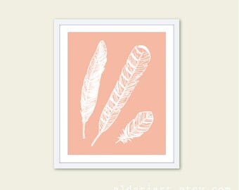 Feathers Digital Print - Ethnic Tribal Decor - Peach Spring Pastel Colors - Unique Wall Decor Home Decor- Under 20