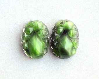 UNUSUAL 14x10mm VINTAGE Jade Green Oval Glass Geode Crystalline Cabochons, Chunky Tops, Flat Foiled Backs, West Germany, Quantity 2