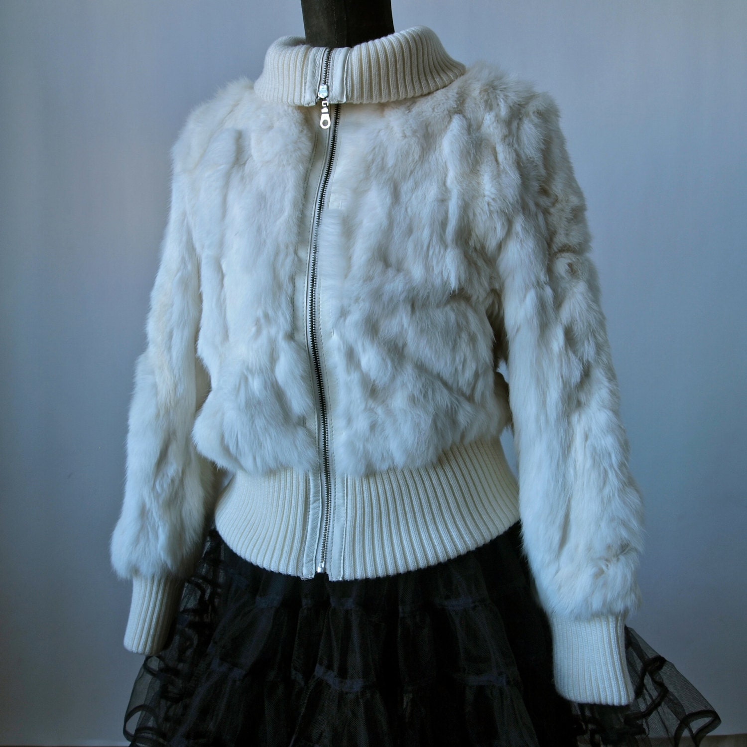 Vintage Ivory White Rabbit Fur Bomber Jacket with Leather Trim