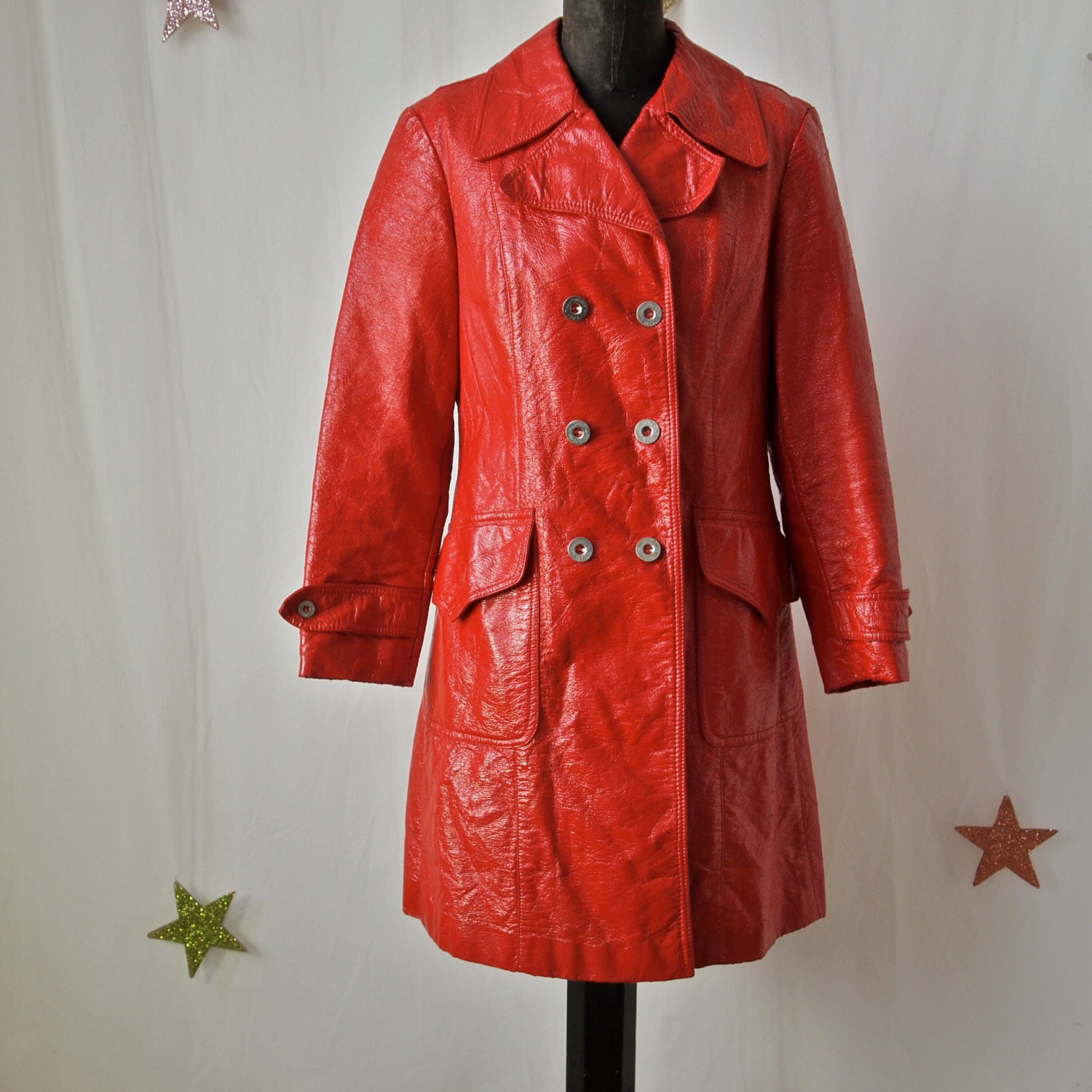 1960's German Red Patent Vinyl Raincoat Mod Fashion Double