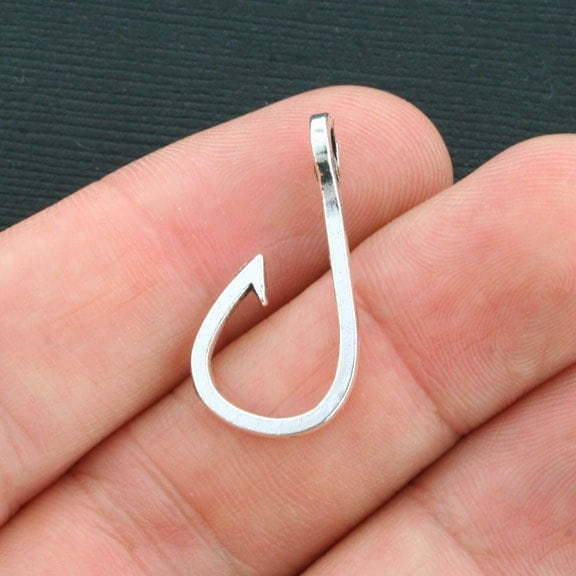 BULK 50 Fishing Hook Charms Antique Silver Tone 2 Sided