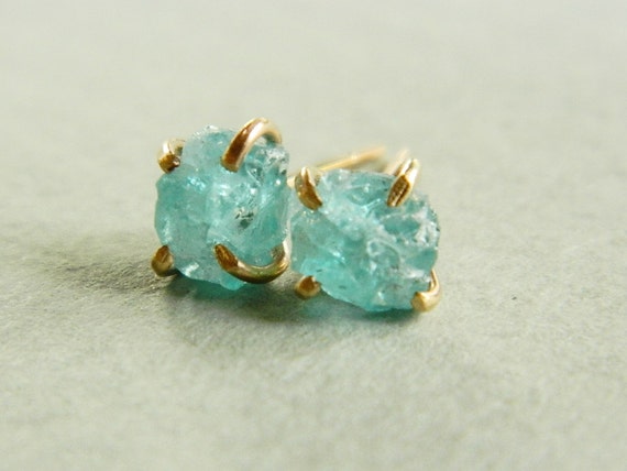 Apatite stud earrings, neon blue apatite earrings, gold filled post earrings, rough stone studs