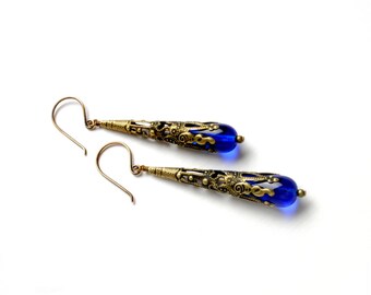 BLUE Steampunk Earrings Victorian Steampunk Jewelry Sapphire Earrings Antique Brass Earrings Steam Punk Jewelry By Victorian Curiosities