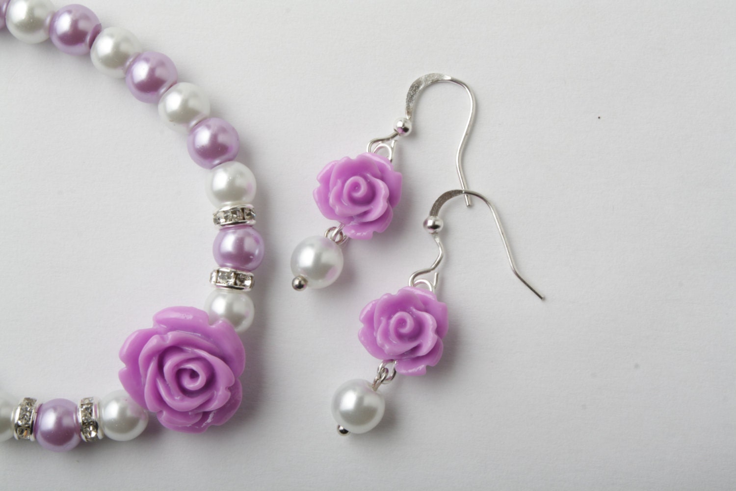 Flower girl earrings Purple rose Purple and white girl