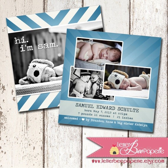 Chevron Birth Announcement - Double or Single Sided 5x5 Announcements - Baby Boy or Baby Girl - Choose Your Colors - Printable Holiday Card Il_570xn