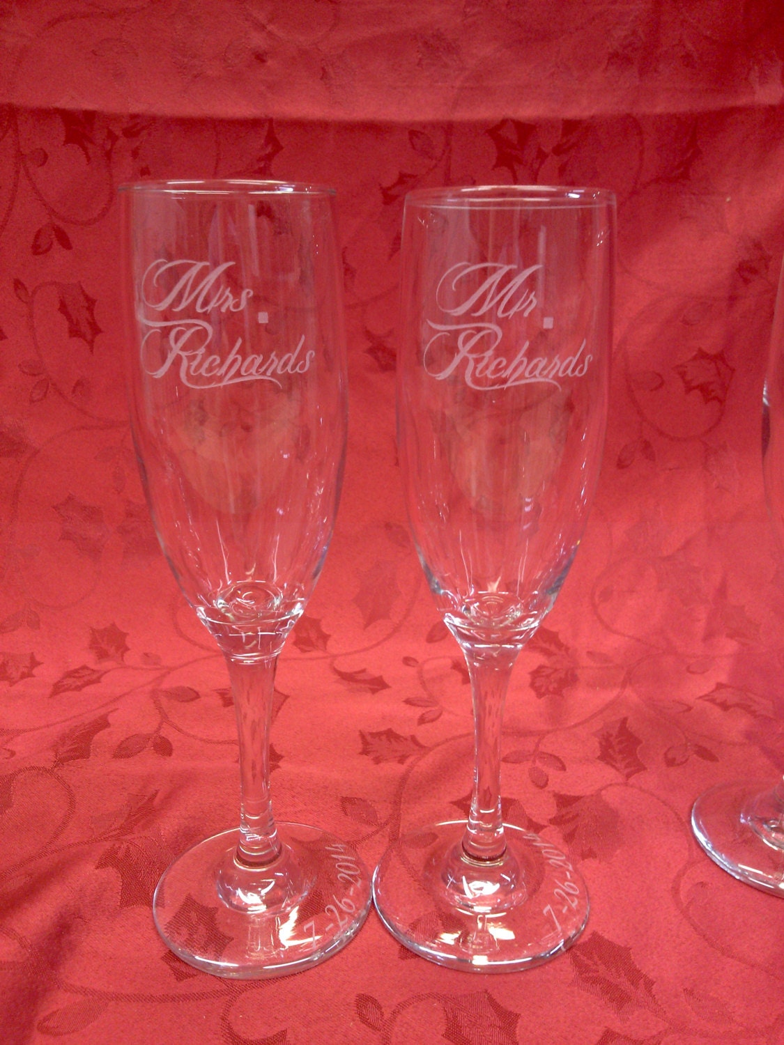 Etched champagne flutes Mr. and Mrs. wedding by WaterfallDesigns