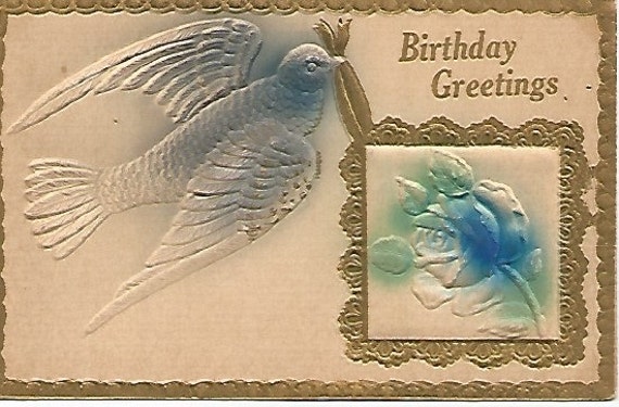 1911  Beautiful Blue Bird Birthday Greeting Antique Embossed Postcard Airbrushed