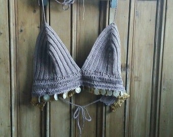 Crochet bralet top coffee brown boho festival clothing coins vest cropped strap halter neck bralette tops boho folk Dolly Topsy Etsy UK