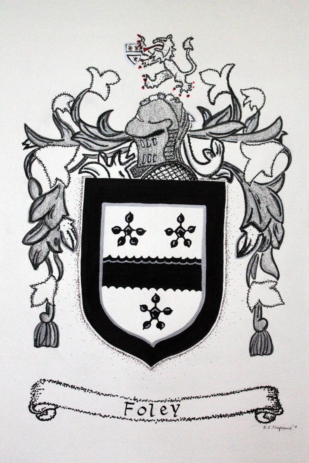 Hand drawn family coat of arms family crest surname art