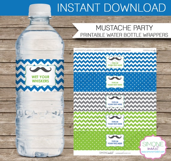 Mustache Party Little Man Party Water Bottle Labels Or Wrappers Instant Download Editable Water Bottle Wrapper Template