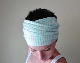 STRIPED Head Scarf - Mint Blue and White Jersey Hair Wrap - Extra Wide Yoga Headband - Mint Stripes - Activewear Womens Hair Accessories
