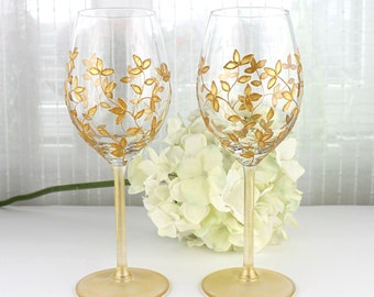 Wine Glasses, Wedding glasses, Gold Toasting Glasses, Gold Floral Design, Hand Painted Wine Glasses, Set of 2, Gold Wine Glasses