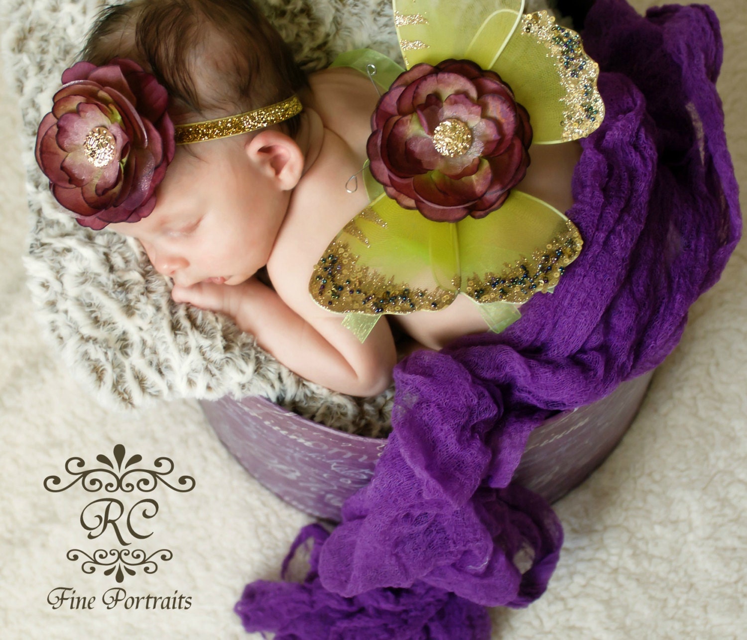 Newborn Butterfly Wings Flower Headband Moss Green Eggplant