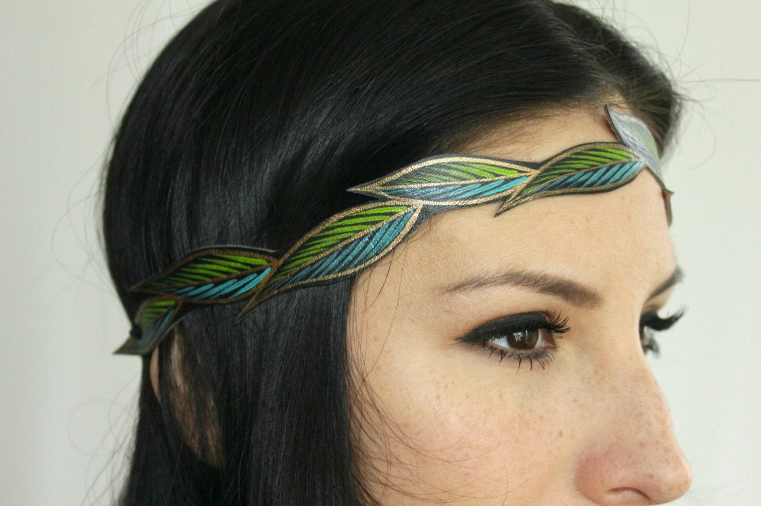Women's Leather Headband Turquoise & Lime Green Leaves