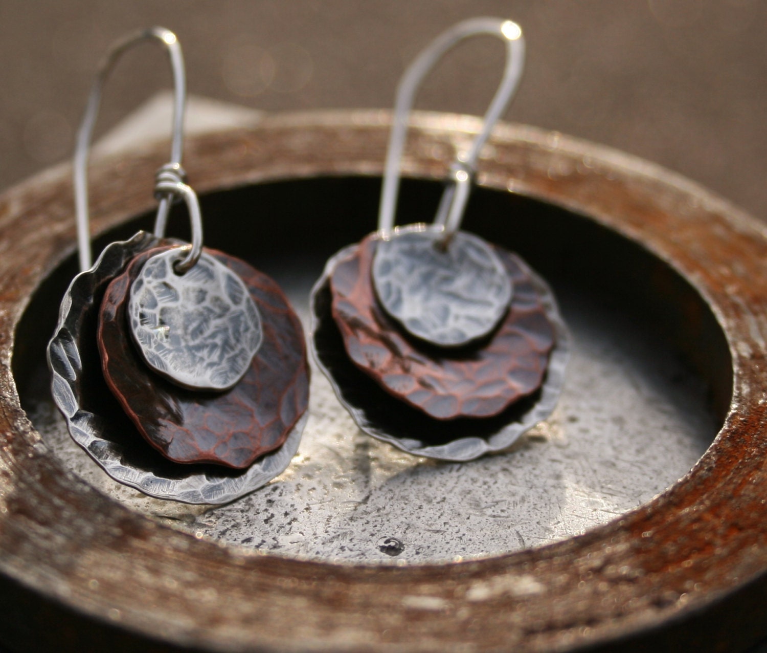 Copper and Silver Hammered Disc Dangle Earrings Double Silver
