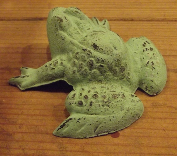 Shabby Cast Iron Green Frog / Garden Decor /Cottage Chic