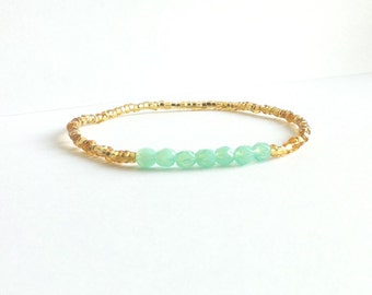 Aqua Gold Beaded Bracelet, Aqua Bracelet, Thin Bracelet, Beaded Friendship Bracelet, Best Friend Birthday Gift, Gift Under 15