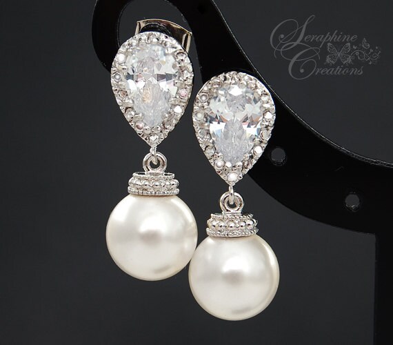 Bridal Pearl Earrings Wedding Jewelry Swarovski Pearls Cubic