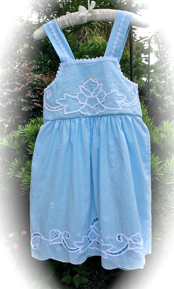 Vintage Style Wedgewood  Girls Dress  Blue  With White Lace