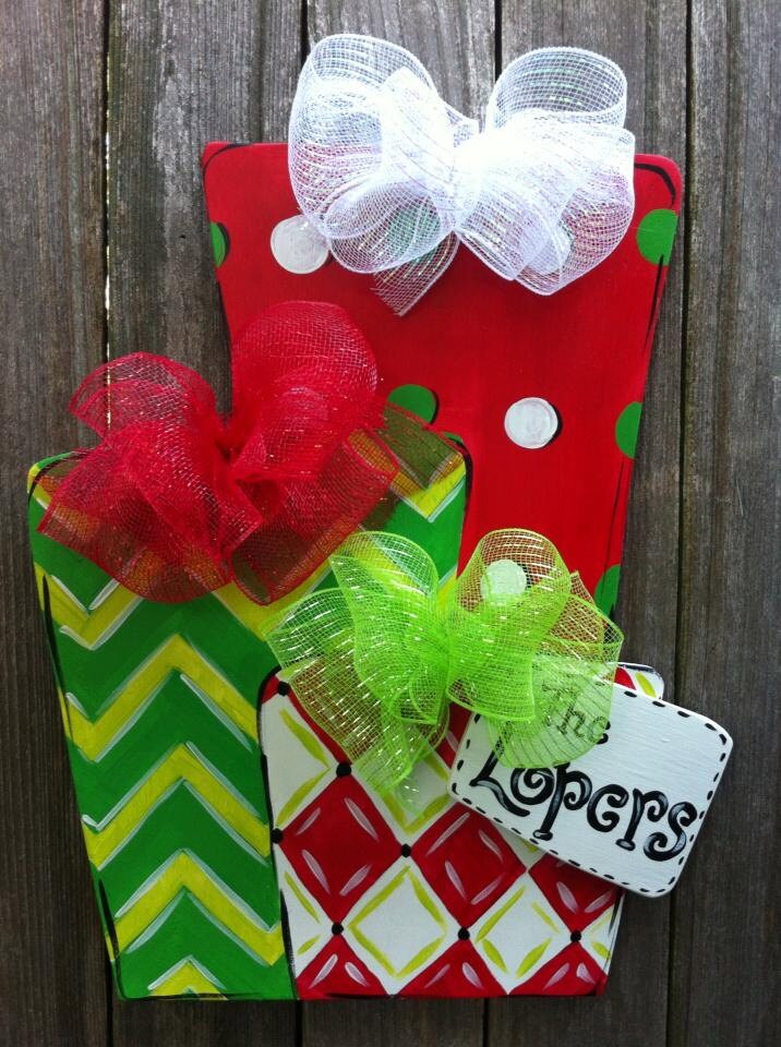 Christmas Presents Wooden Door Hanger Personalized Monogramed