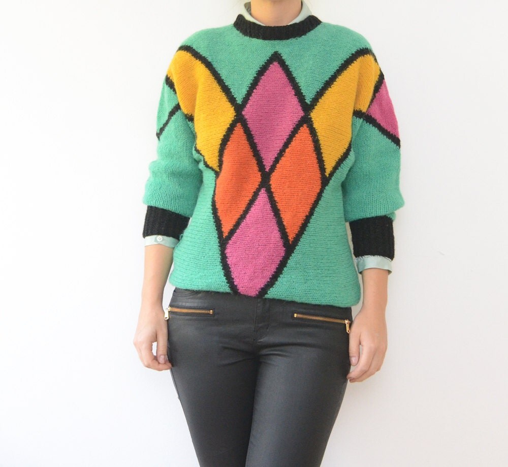 Vintage Colorblock Batwing 80s Women Sweater Jumper Cardigan