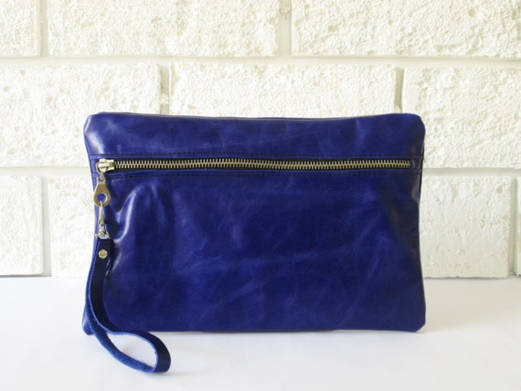 Items similar to Leather clutch Cobalt blue Wristlet Leather pouch ...