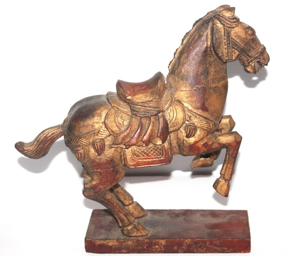 Year Of The Horse Chinese Tang Wood Painted Gilded Folk