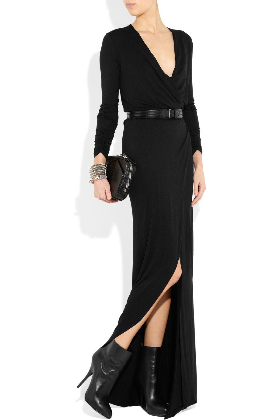  Formal  wrap  effect black maxi dress  Long sleeves wrap  floor