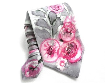 Hand Painted Silk Floral Tie. Roses Man Tie. Sparkle Handmade Tie. Pink Tie. One of a Kind Grooms Wedding Tie. Gift for Him. MADE to ORDER