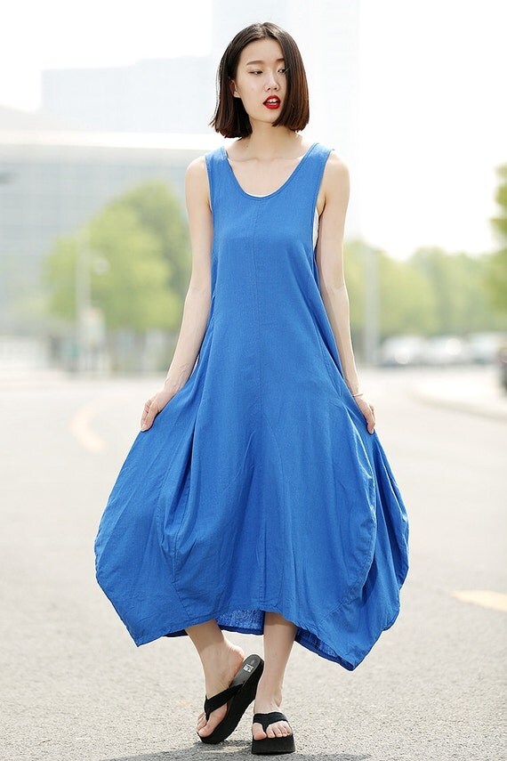 Blue Vest Linen Dress Casual Everyday Long Maxi Dress with