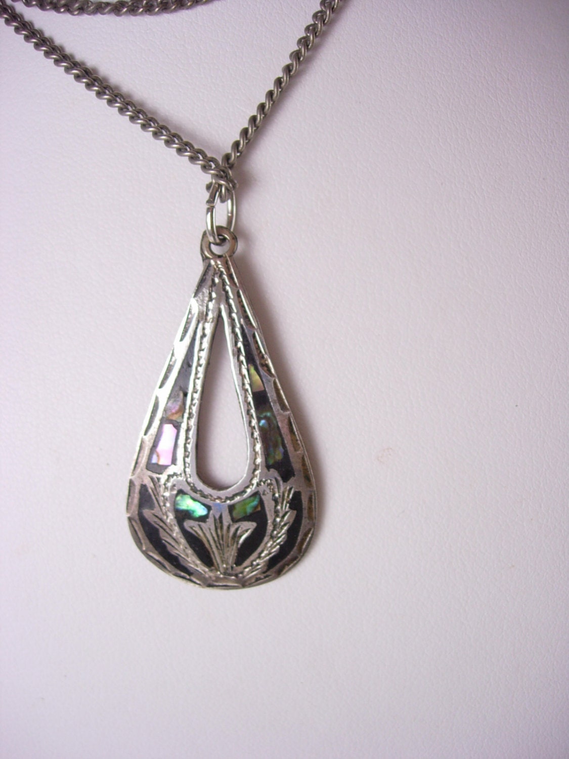 Signed STERLING ABALONE Necklace Vintage Pendant 24″ Chain Distinctive ...