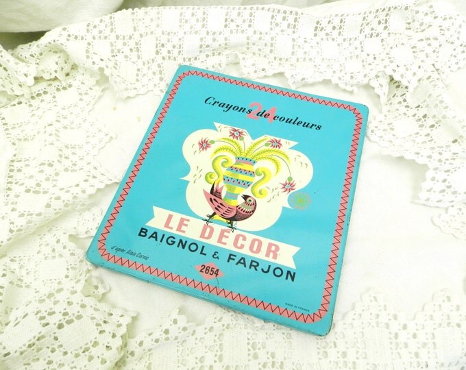 Vintage French Mid Century Blue and Pink Metal Box with 24 Colored Pencils / Crayons "Le Décor" Baignol and Farjon/ Vintage Craft Supplies