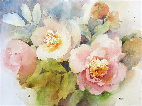 Peonies Flowers Original Watercolor Painting 9x12 inches
