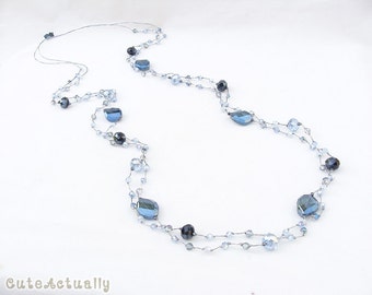 Blue crystal necklace on silk thread, blue necklace, long necklace, double strands