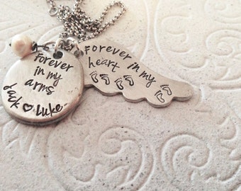 Angel Mom Necklace, hand stamped memorial wing Necklace, loss, grief, pewter