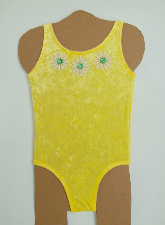 Bright Yellow Crushed Velvet Tank Leotard with Daisy Applique