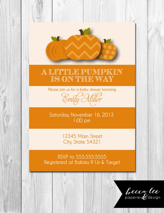 Little Pumpkin Baby Shower Invitation - Large Orange and Cream Stripes - DIY - Printable Il_570xn