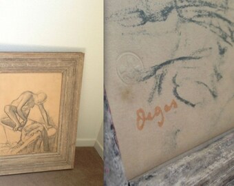 EDGAR DEGAS SIGNED and Stamped Etching Nude Woman Bathing Bathtub Framed Drawing Sketch Red Atelier Stamp Imprint Mark Rare Collectible Art