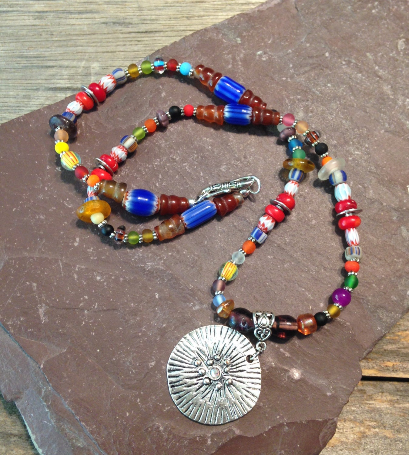 Bright Colorful Trade Bead Necklace Hippie by TheHippieBohemian