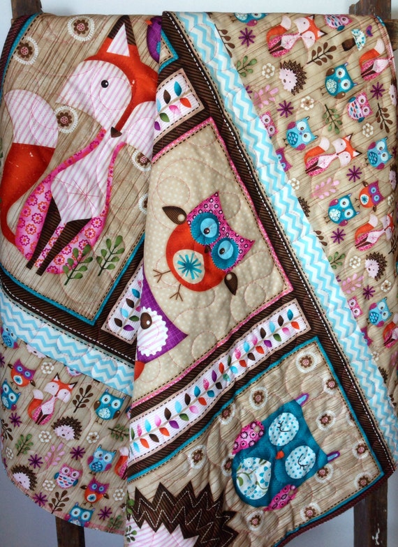 Baby Quilt Girl Woodland Critters Fox Owl Animals by CoolSpool