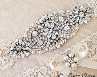 Wedding Garter set, Bridal Garter set, Ivory Lace Garter set, Rhinestone Garter, Ivory Garter, Lace garter, Crystal Garter set